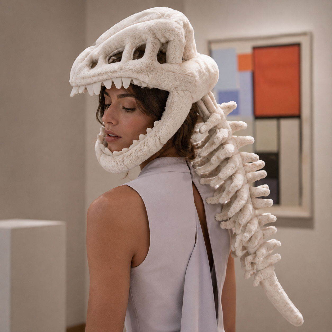 Adult dinosaur skeleton plush headgear detail image
