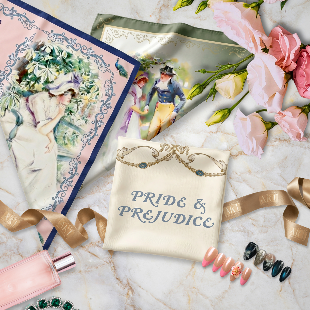 Pride and Prejudice collection hero image with scarves, roses, accessories, and A Bit of Art ribbon